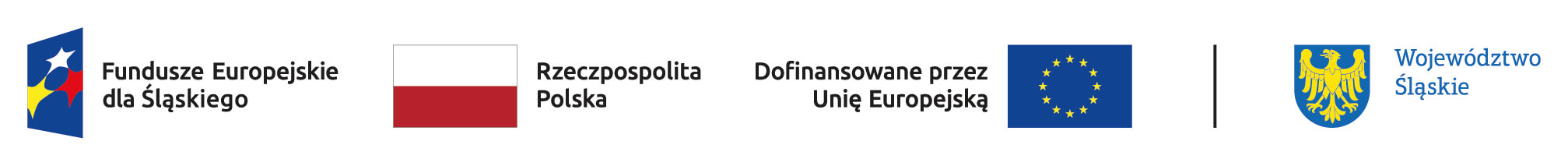 Zestaw logotypów: Fundusze Europejskie dla Śląskiego, Rzeczpospolita Polska, Unia Europejska oraz Województwo Śląskie.